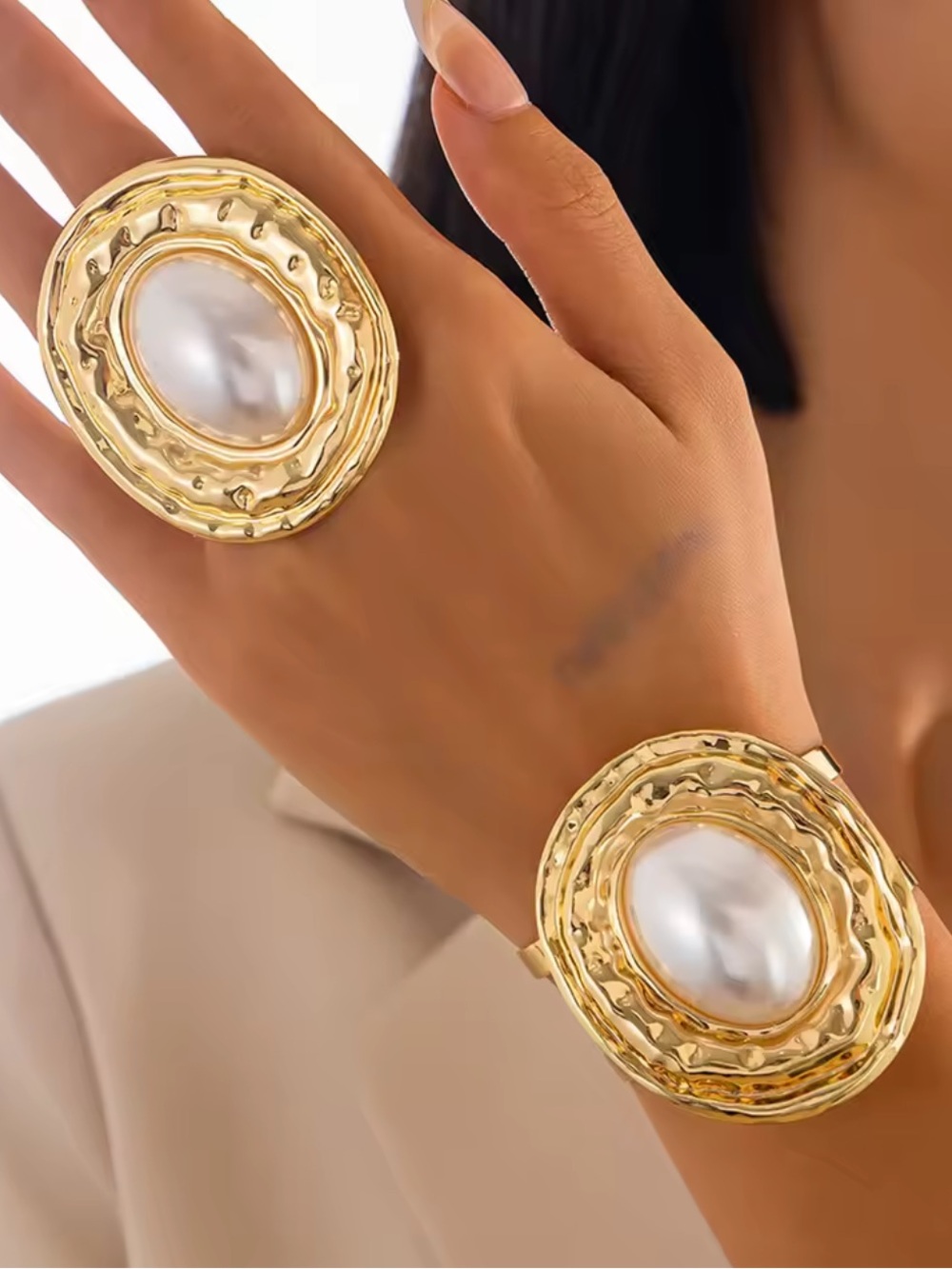 Anthropologie Gold-Tone Bracelet and Ring Set with Pearl Accents